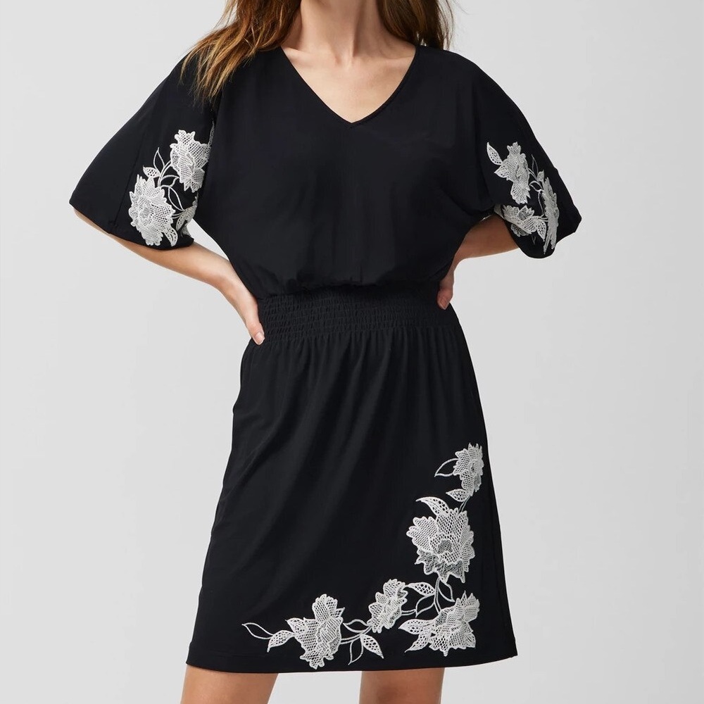 WHBM Kimono Sleeve Smocked Waist Dress with Floral Embroidery